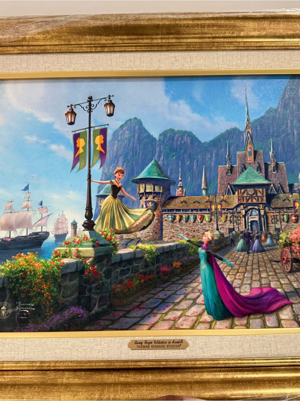 Thomas Kinkade Disney Frozen Celebration in Arendelle Framed Canvas